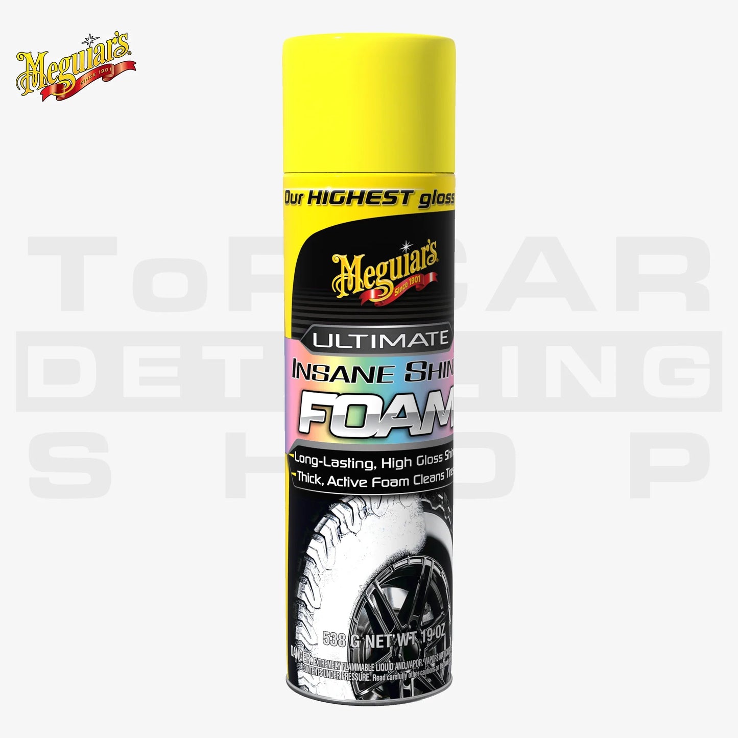 Meguiar’s Ultimate Insane Shine Foam – hochglänzender Reifenschaum in Sprühdose für intensive Schwarzpflege