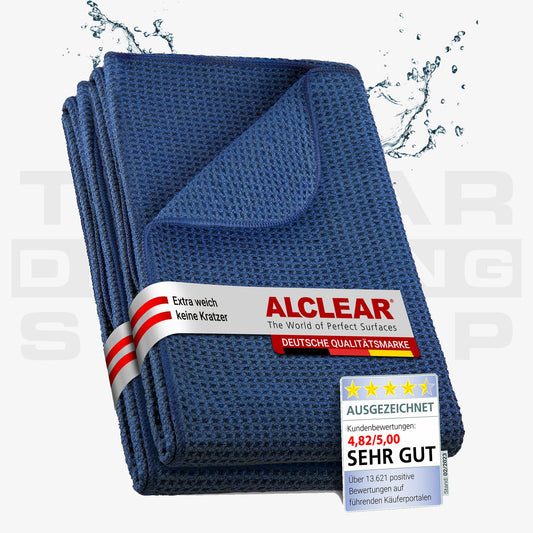 ALCLEAR Waffeltuch blau 60x40 cm – extra weiches Mikrofasertuch zum Trocknen und Reinigen bei der Autopflege, ohne Kratzer